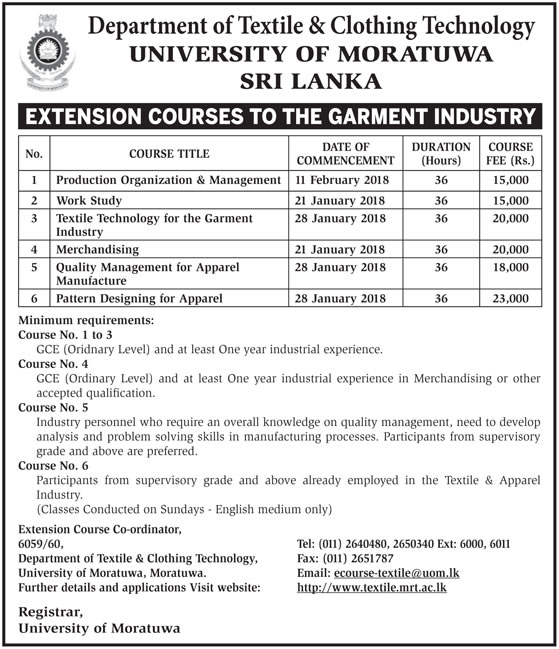 Extension Courses to the Garment Industry - Department of Textile & Clothing Technology - University of Moratuwa